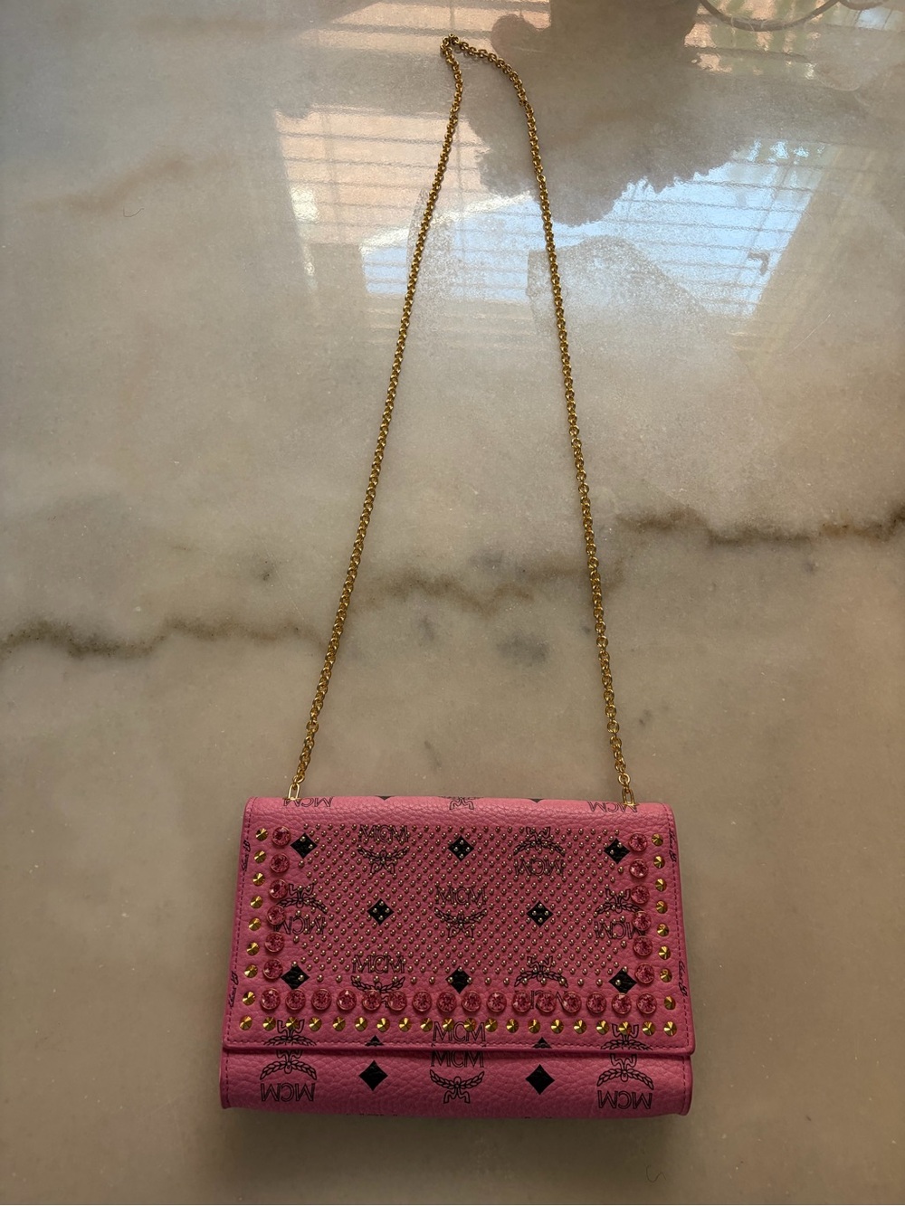 MCM Pink Rhinestone & Gold-Studded Leather Chain Crossbody WOC - Picture 2 of 13